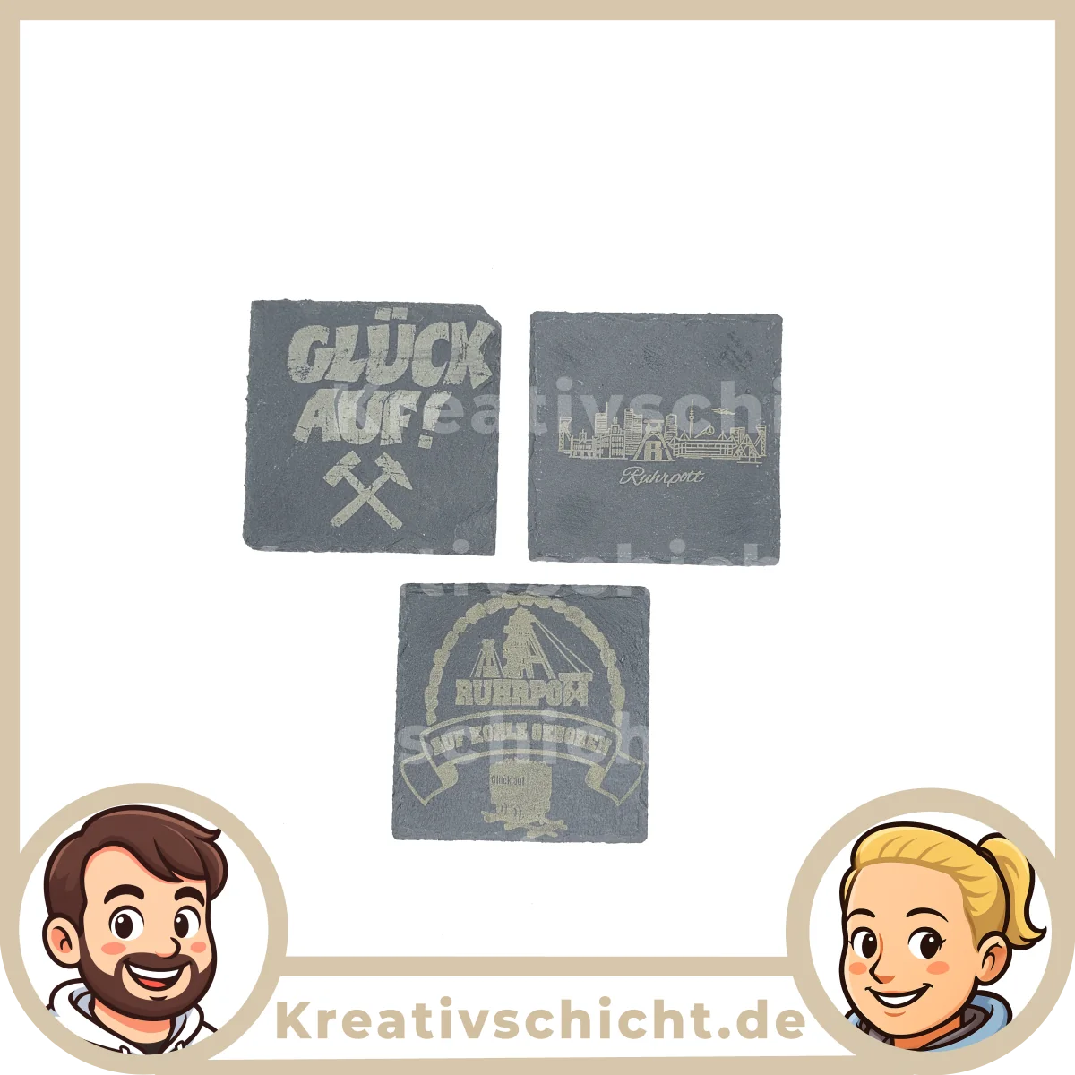 Schieferuntersetzer 10x10 cm mit Ruhregebiets Gravuren