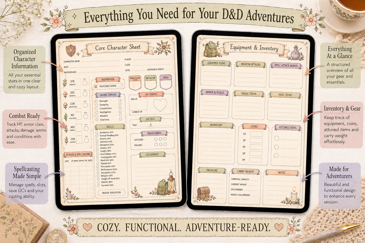 Cozy DnD 5e Character Sheet PDF – Printable Aesthetic Sheets