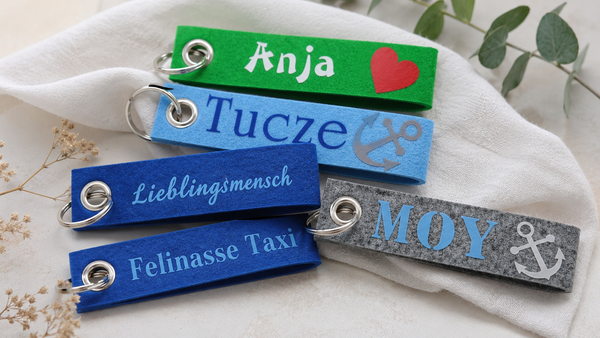 Personalisierter Filz Schlüsselanhänger | Wunschname Wunschtext | Farbe und Motiv wählbar