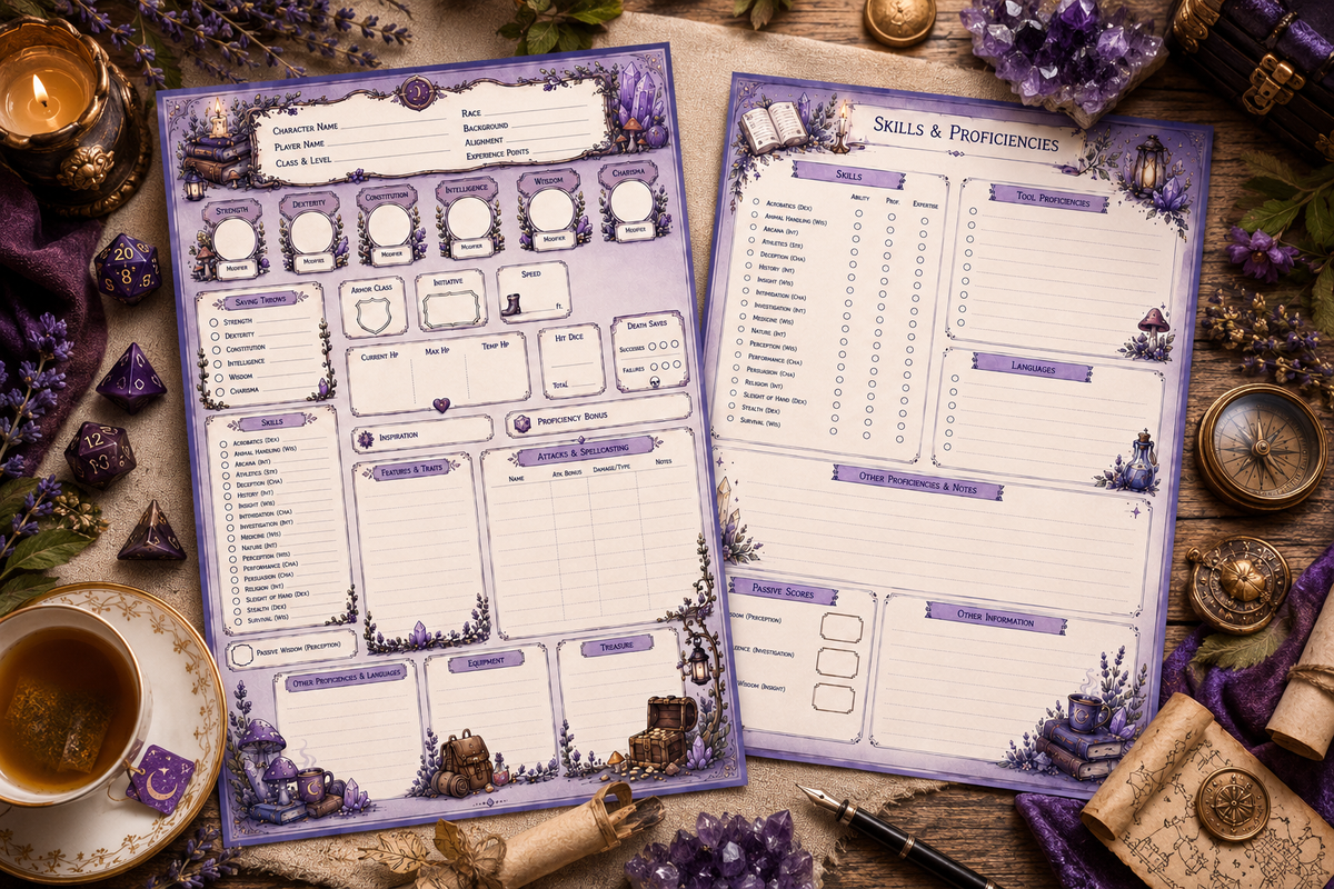 Lavender DnD 5e Character Sheet PDF – Printable Aesthetic Sheets