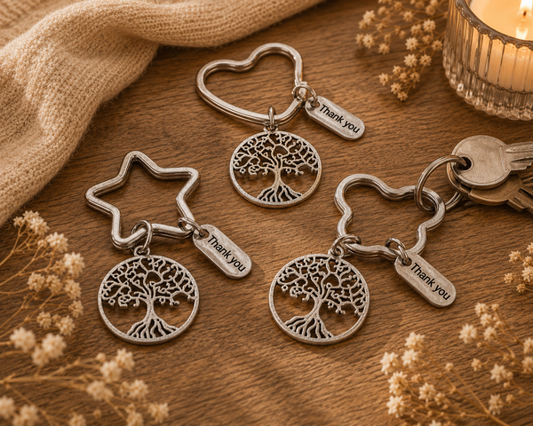 Tree of Life Keychain – stainless steel, engraved 'Thank You', 3 cm