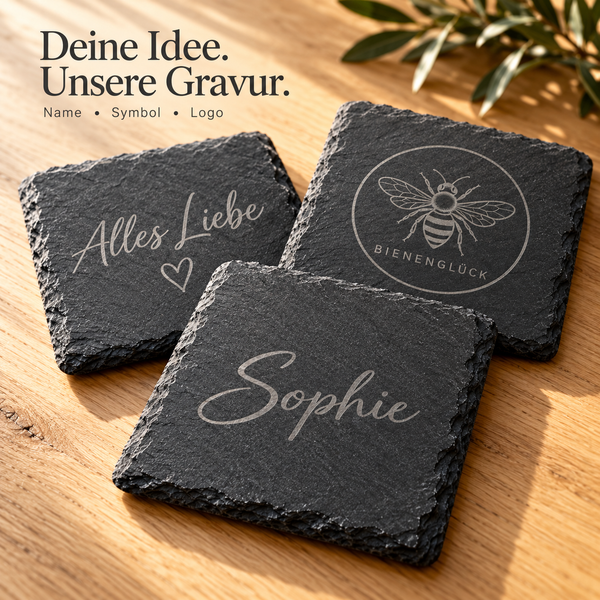 Schieferuntersetzer personalisiert 10x10 cm Gravur Name Logo Geschenk Wunschtext