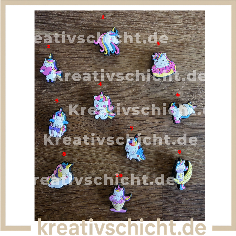 Einhorn Charms – Schuh Deko Anhänger für Crocs, Clogs, Kinder Schuhe, Jibbitz kompatibel, Schuhclips Accessoires