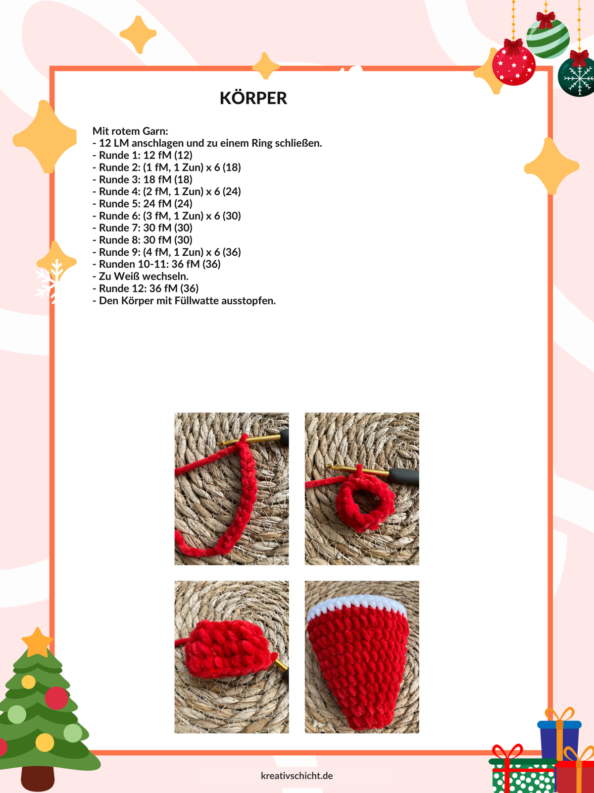 Bebilderte Häkelanleitung für einen Weihnachtsmann auf 11 Seiten
