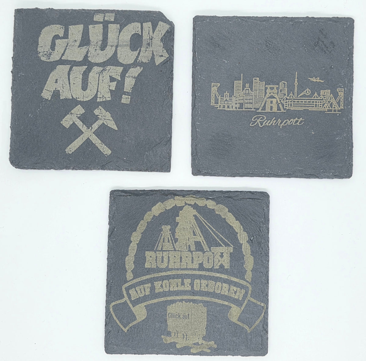 Schieferuntersetzer 10x10 cm mit Ruhregebiets Gravuren