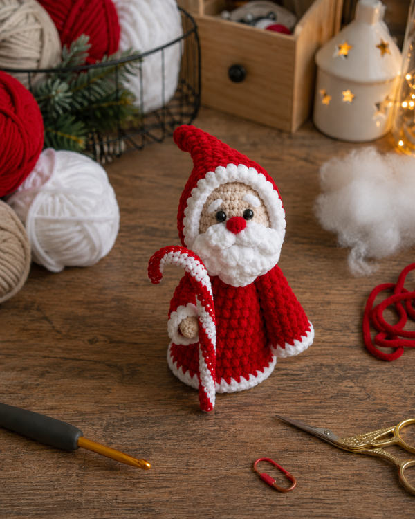 Bebilderte Häkelanleitung für einen Weihnachtsmann auf 11 Seiten